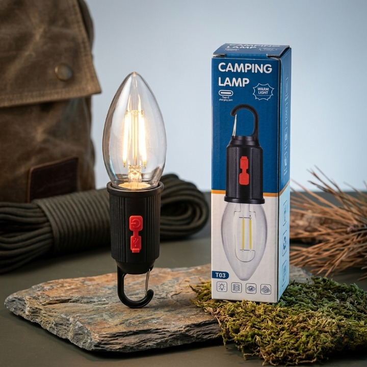 T03 Portable Warm Light Camping Lamp – Rechargeable LED Emergency Lantern with Hanging Hook