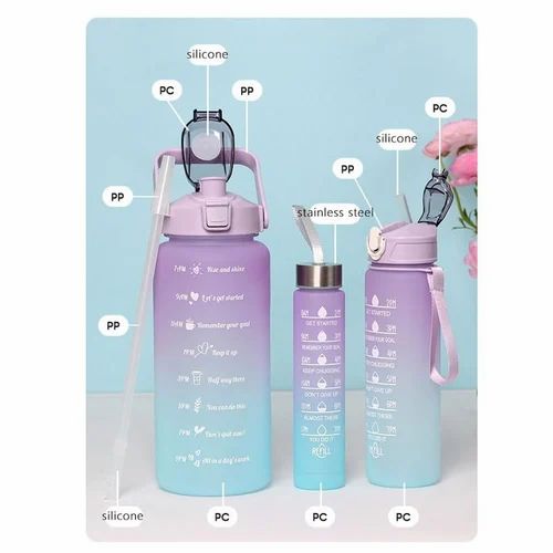 Sports Water Bottles 3 Pcs Set with Motivational Time Marker & Leak Proof Flip Top Lid