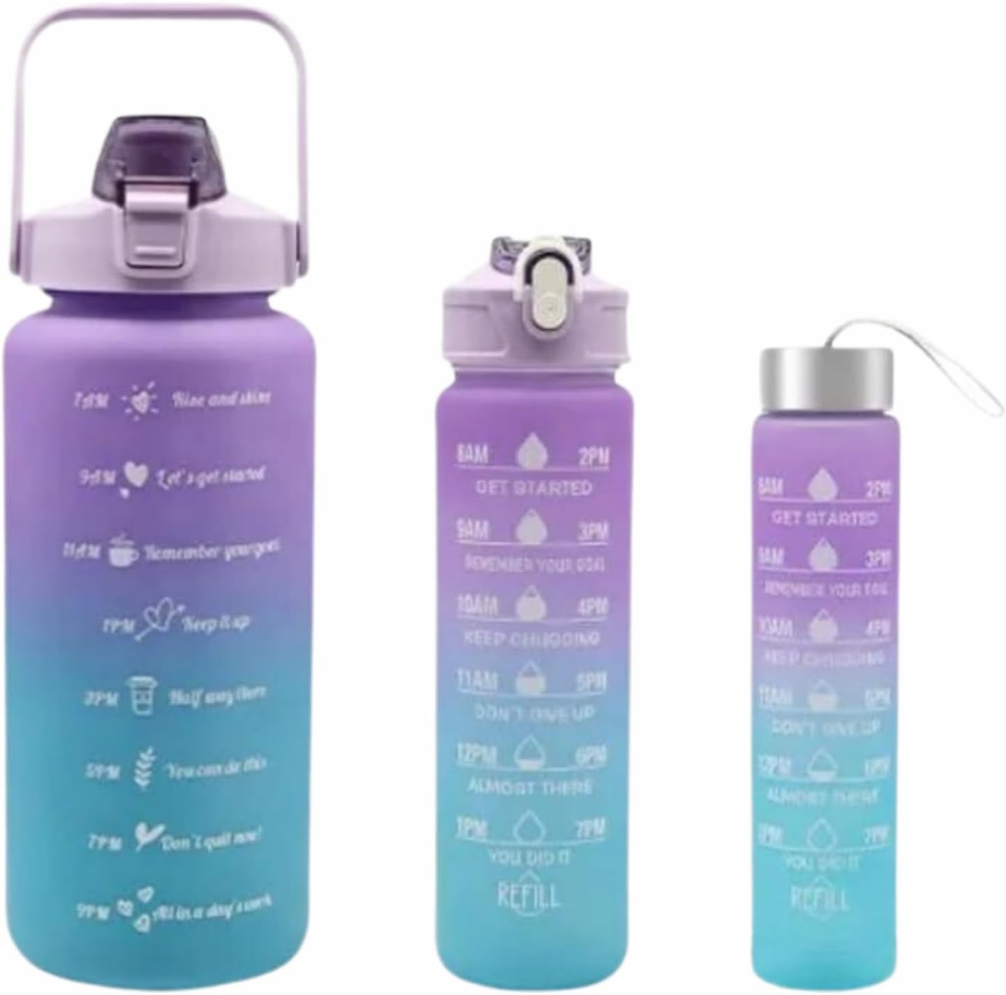 Sports Water Bottles 3 Pcs Set with Motivational Time Marker & Leak Proof Flip Top Lid