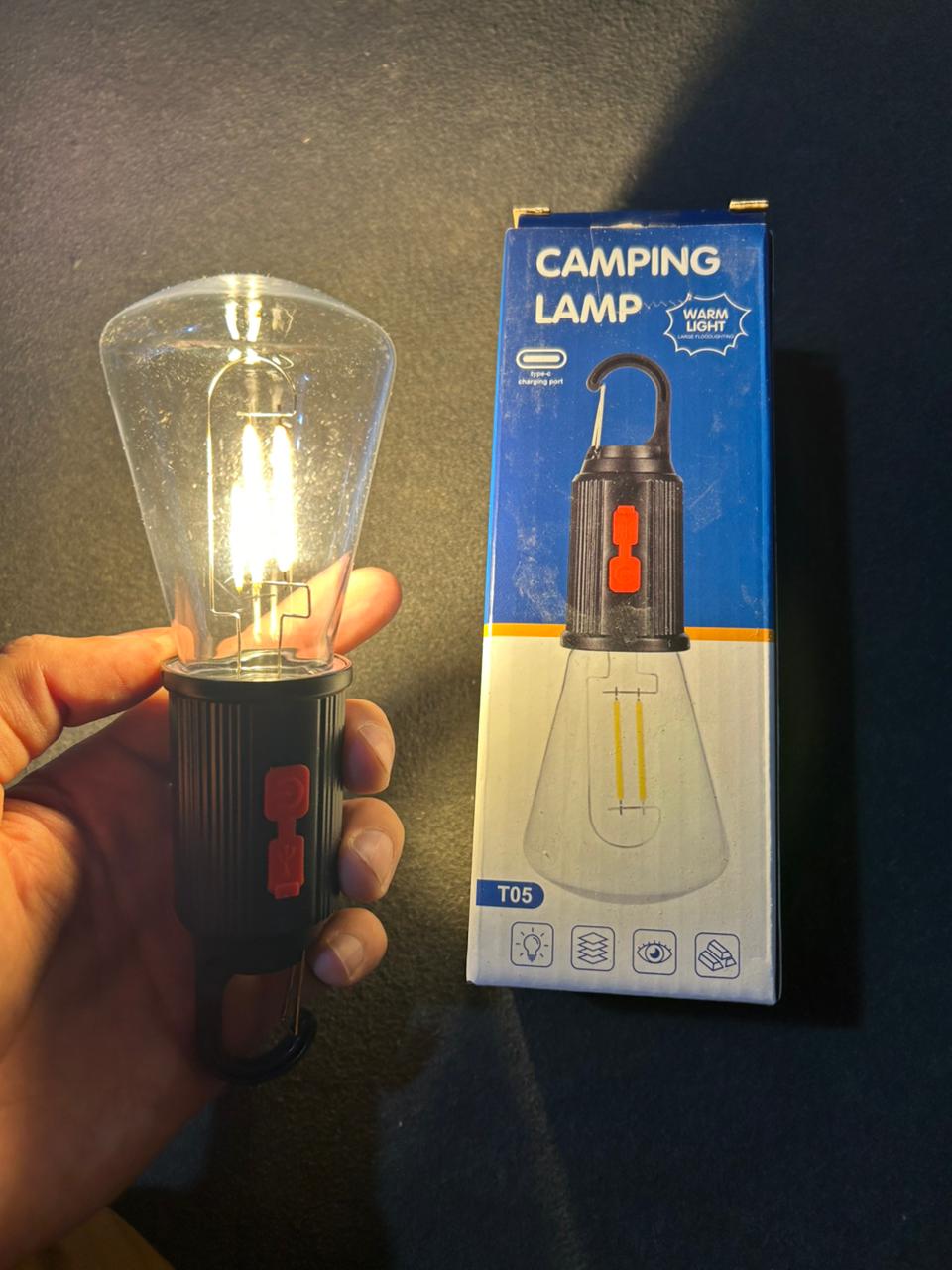 T03 Portable Warm Light Camping Lamp – Rechargeable LED Emergency Lantern with Hanging Hook