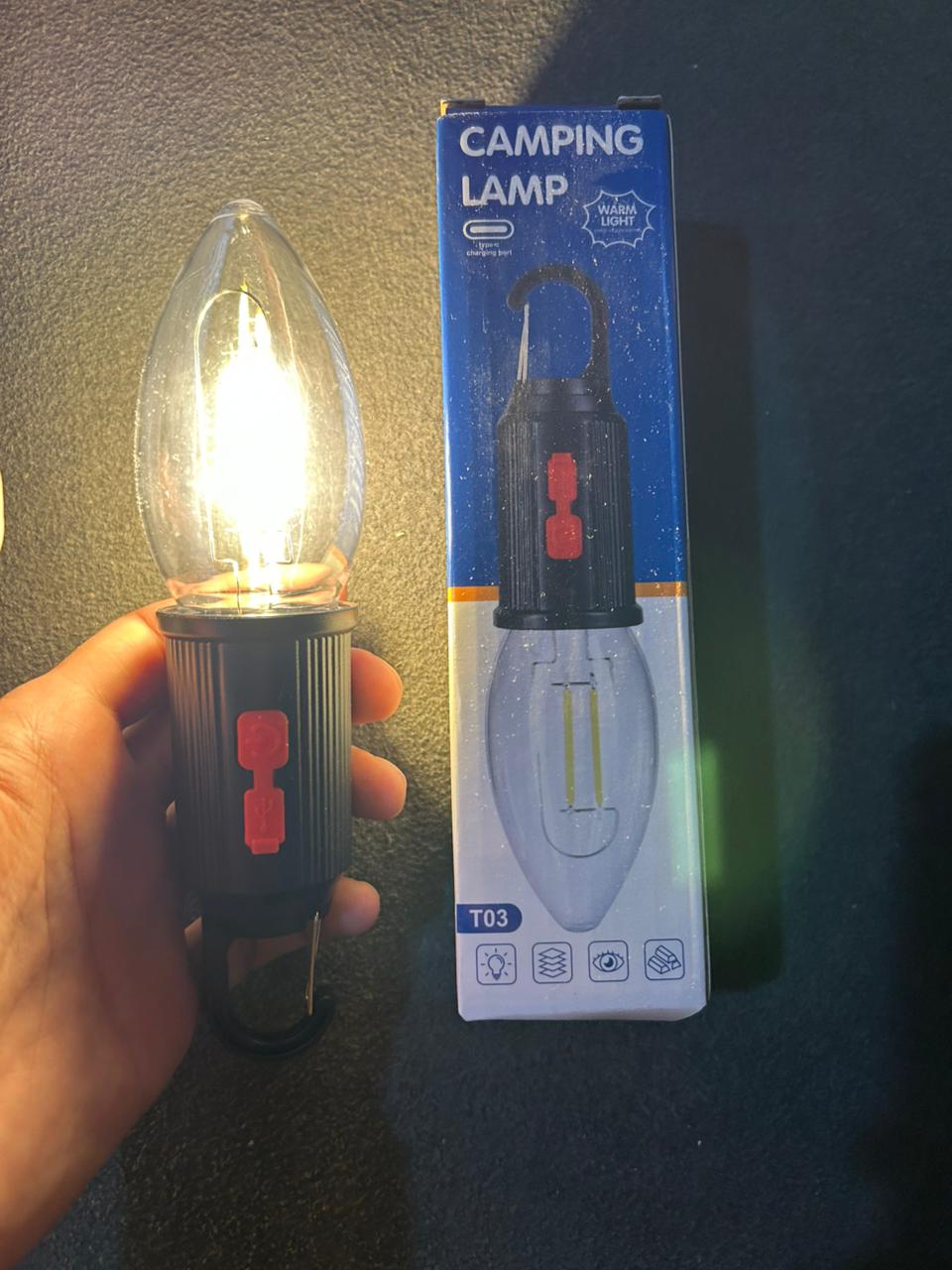 T03 Portable Warm Light Camping Lamp – Rechargeable LED Emergency Lantern with Hanging Hook