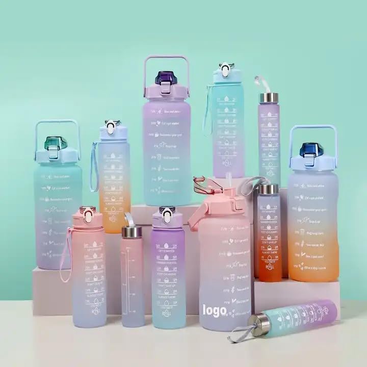 Sports Water Bottles 3 Pcs Set with Motivational Time Marker & Leak Proof Flip Top Lid - NextGenTrend Store