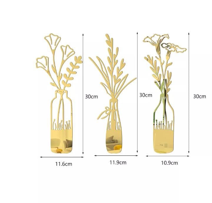 3 PCs Acrylic Mirror Leaf Vase Wall Art Frames – Modern Golden Decorative Wall Décor for Living Room & Bedroom