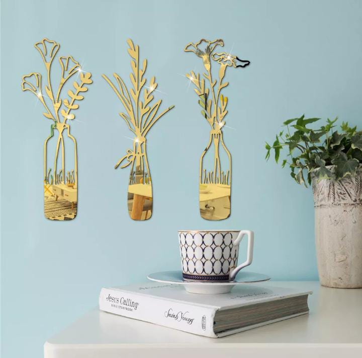 3 PCs Acrylic Mirror Leaf Vase Wall Art Frames – Modern Golden Decorative Wall Décor for Living Room & Bedroom