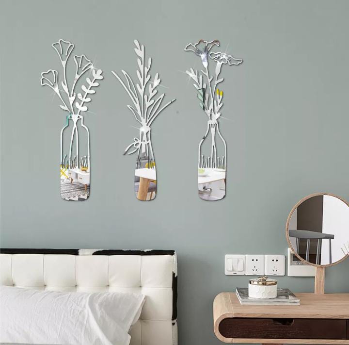 3 PCs Acrylic Mirror Leaf Vase Wall Art Frames – Modern Golden Decorative Wall Décor for Living Room & Bedroom