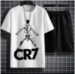 Men’s summer track suit with white CR7 graphic T-shirt and black athletic shorts designed for casual wear, sports, and comfortable summer fashion.