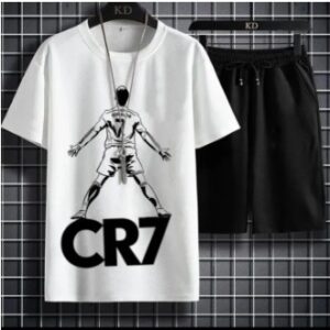 Men’s summer track suit with white CR7 graphic T-shirt and black athletic shorts designed for casual wear, sports, and comfortable summer fashion.
