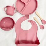 silicone baby feeding set with suction bowl, spoon and bib made from BPA-free food grade silicone for baby weaning