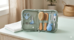 Baby grooming kit for newborns with nail clipper, safety scissors, soft brush, comb, and baby care tools arranged in a compact storage case