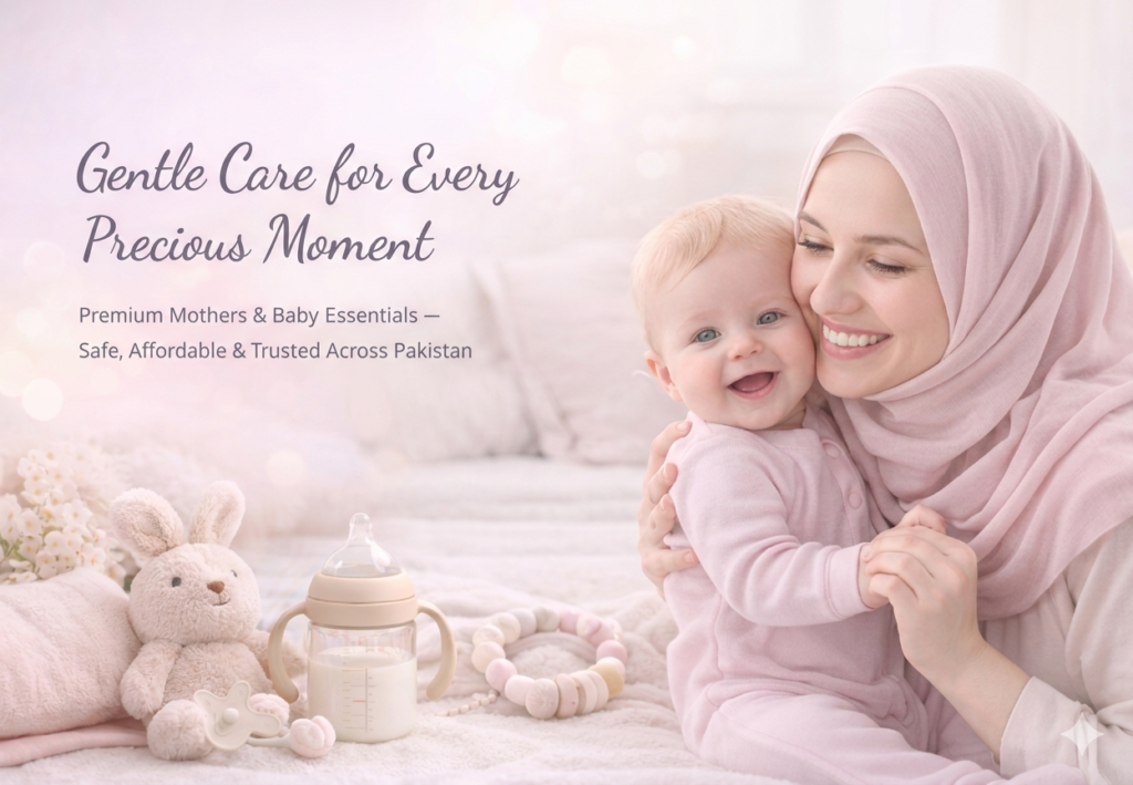 Mother holding newborn baby surrounded by essential baby products in a Mothers and Baby Store online shopping banner