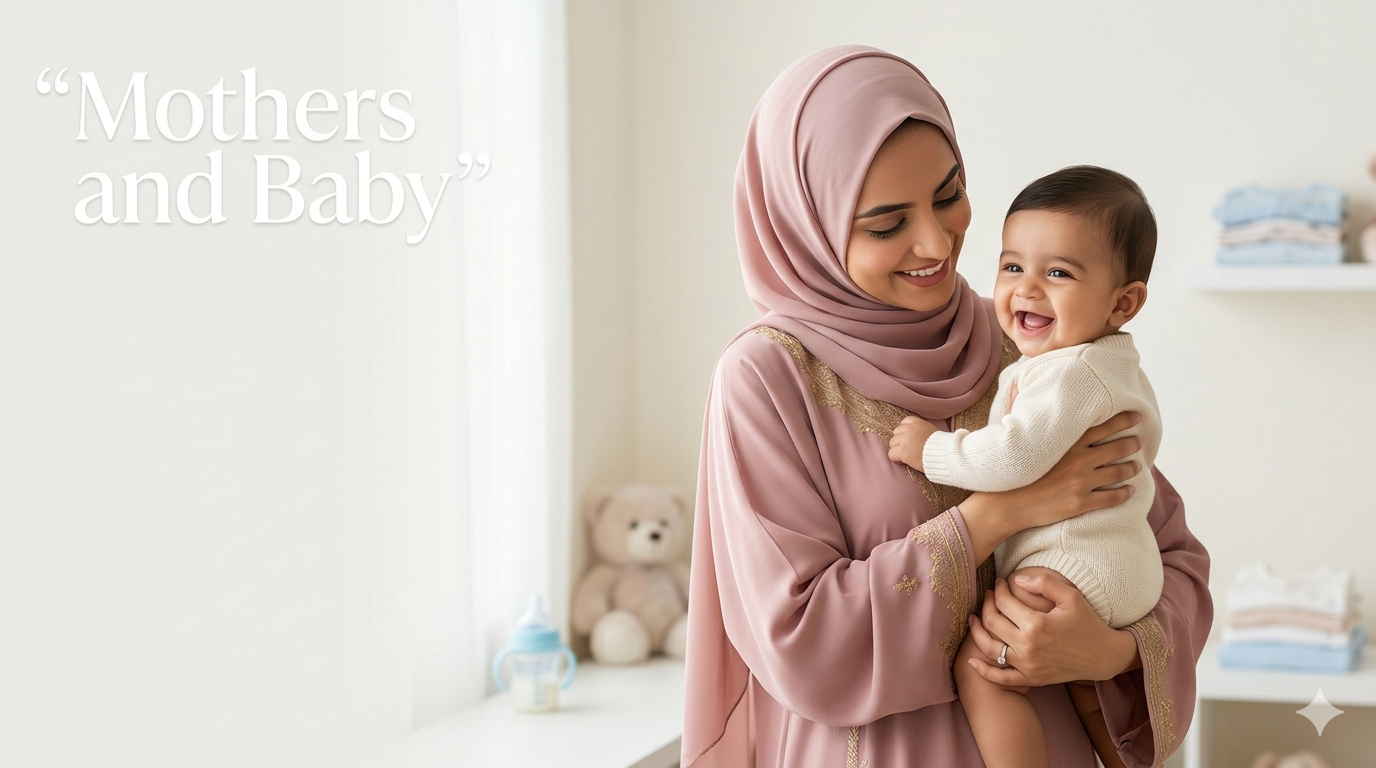 Smiling Muslim mother holding a happy baby representing safe, gentle, and trusted mother and baby care products for daily use