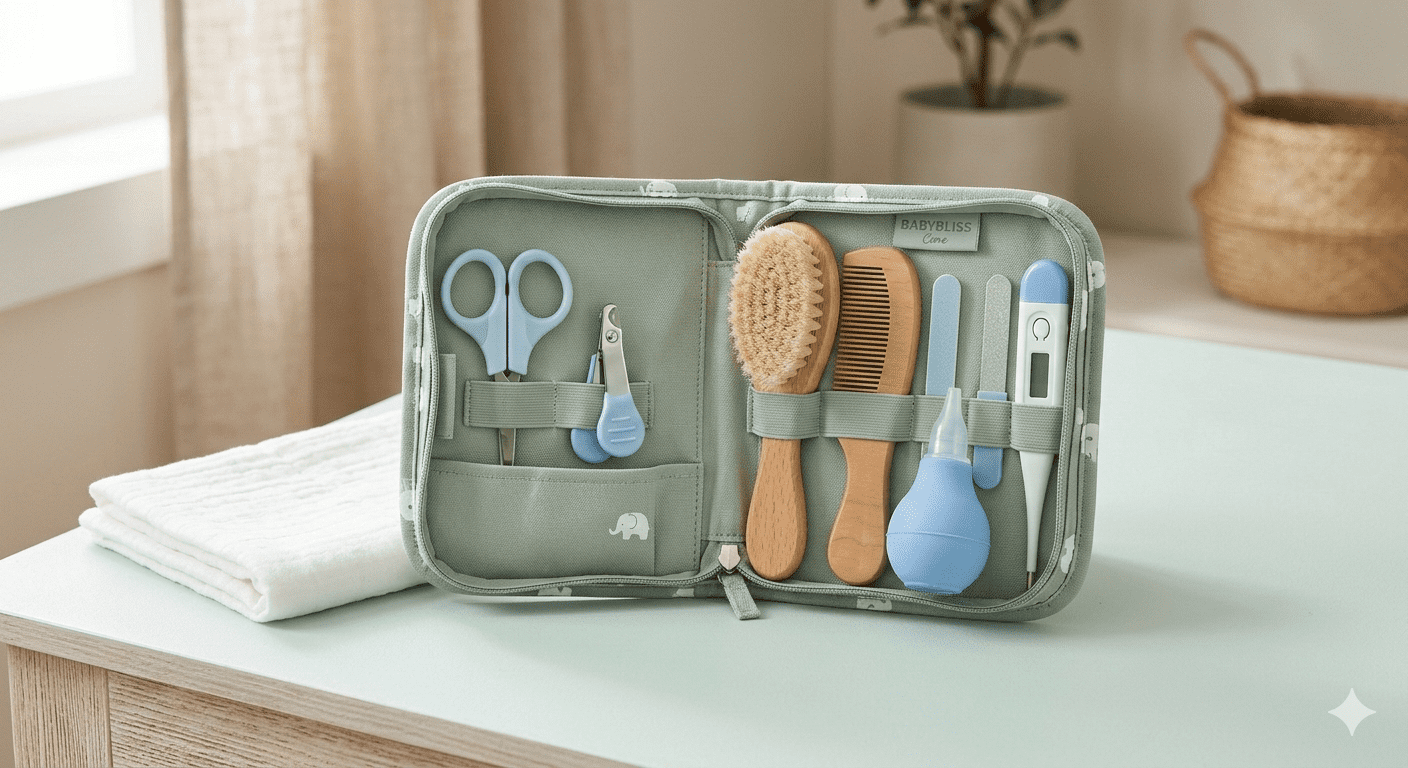 Baby grooming kit for newborns with nail clipper, safety scissors, soft brush, comb, and baby care tools arranged in a compact storage case